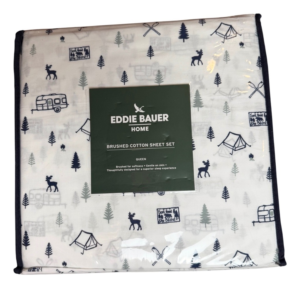 Eddie Bauer Home Queen Brushed Cotton Sheet Set Camp Out Blue Camping Print NEW